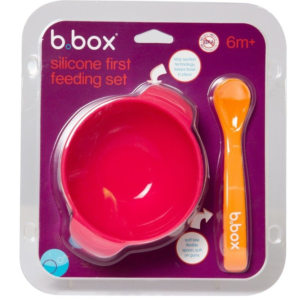 b.box miseczka silikonowa z przyssawką i łyżeczką różowa.