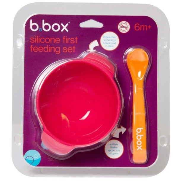 b.box miseczka silikonowa z przyssawką i łyżeczką różowa.