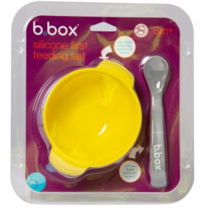 b.box miseczka silikonowa z przyssawką i łyżeczką żółta.